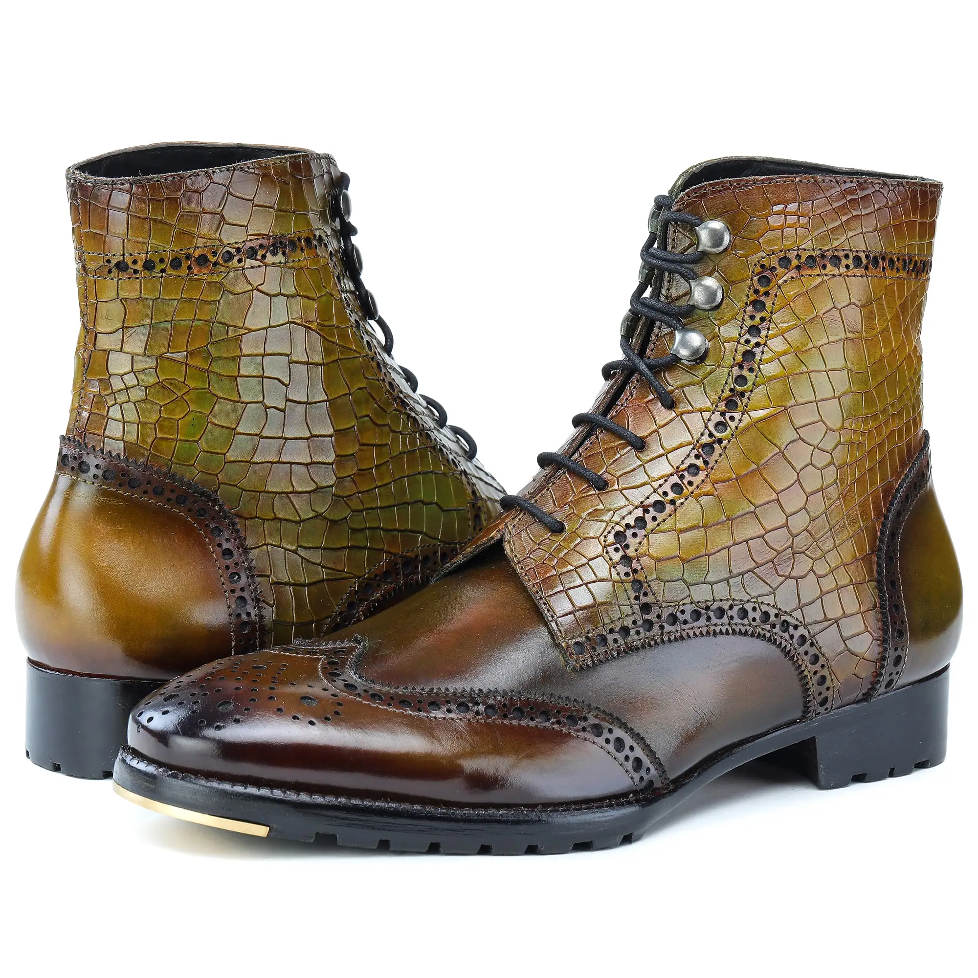 Wingtip Lace Up Boots- Croc Olive