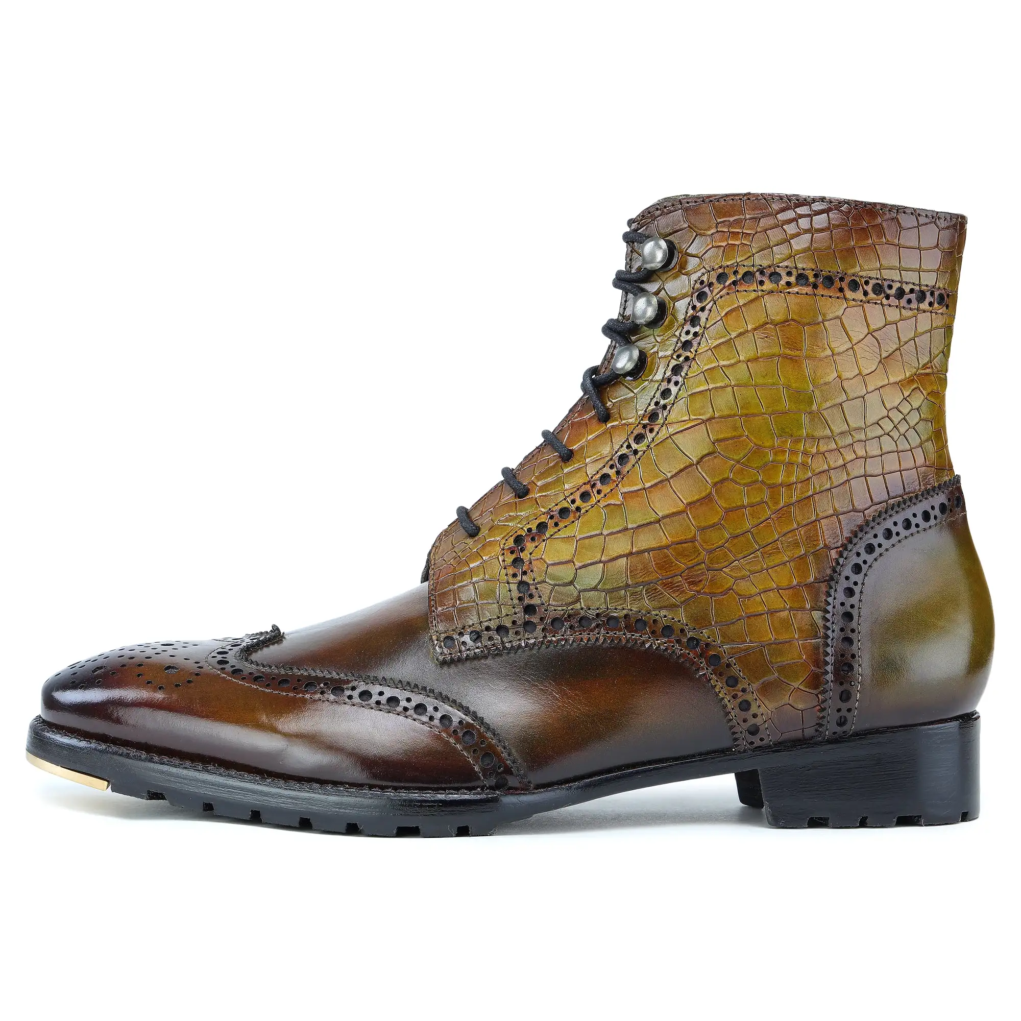 Wingtip Lace Up Boots- Croc Olive