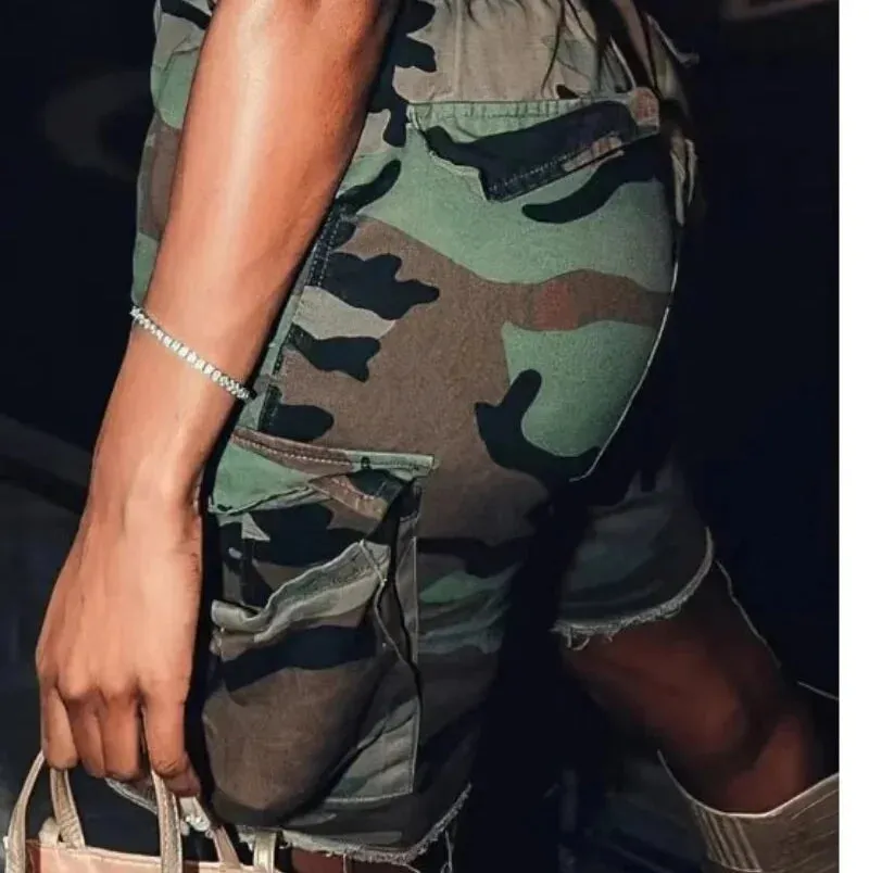 Women's Summer Camo Print Tassel Elastic Waist Streetwear Cargo Shorts