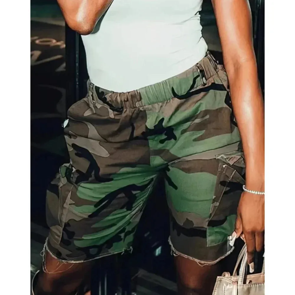 Women's Summer Camo Print Tassel Elastic Waist Streetwear Cargo Shorts