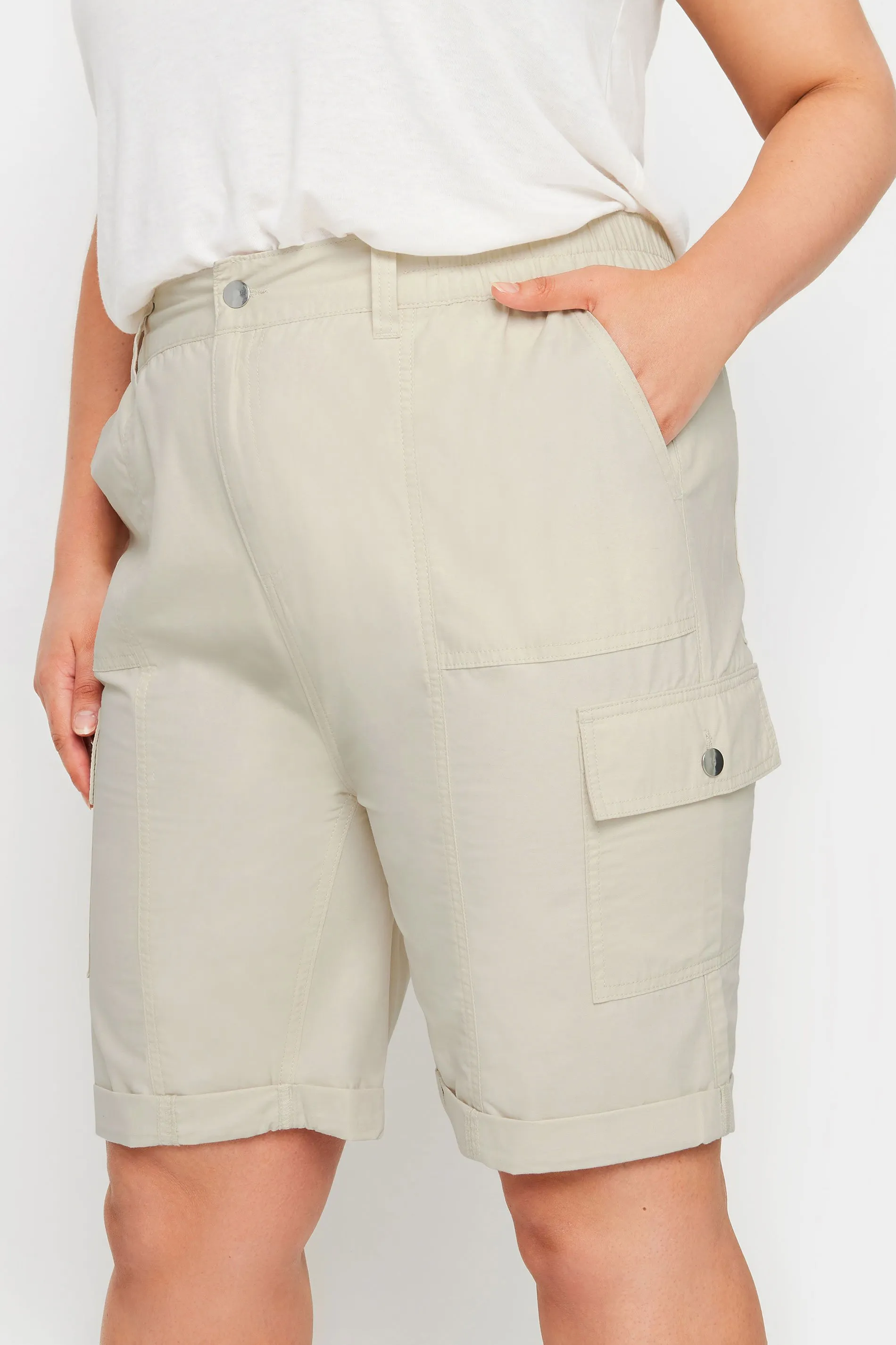 YOURS Curve Stone Brown Elasticated Waist Cargo Shorts